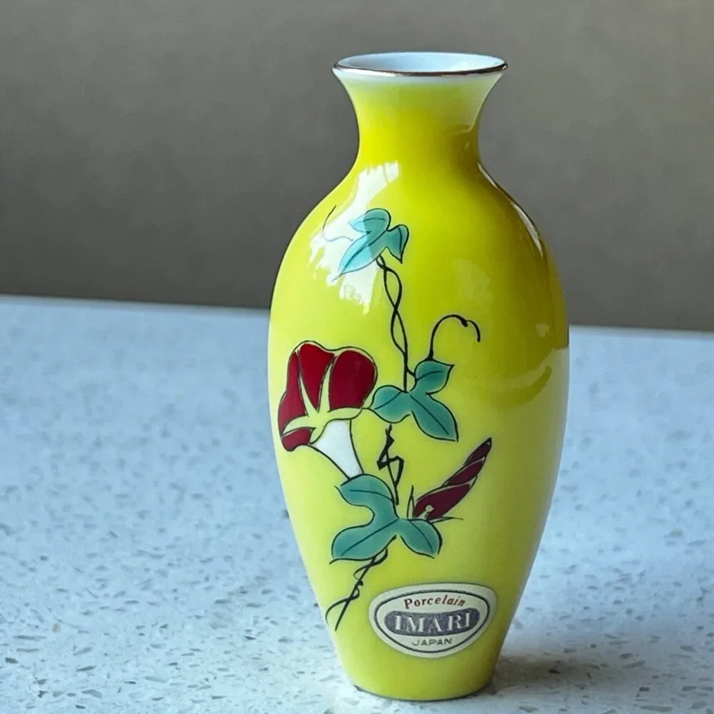 Miniature Japan Porcelain Vases Set Of 2 Yellow & Blue Floral Design vintage